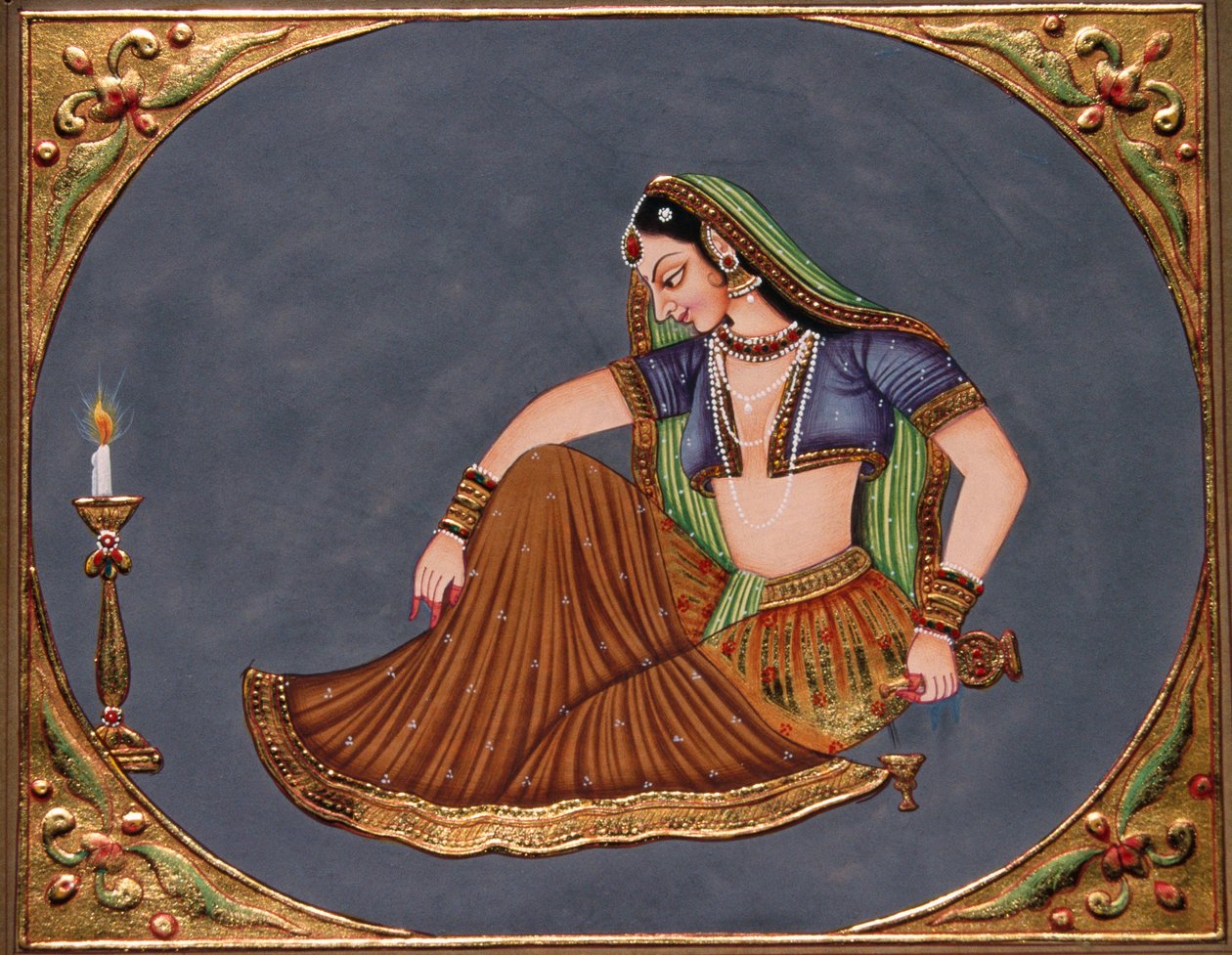 Lady élvezve ital miniatűr festmény papírra alkotó: School Indian