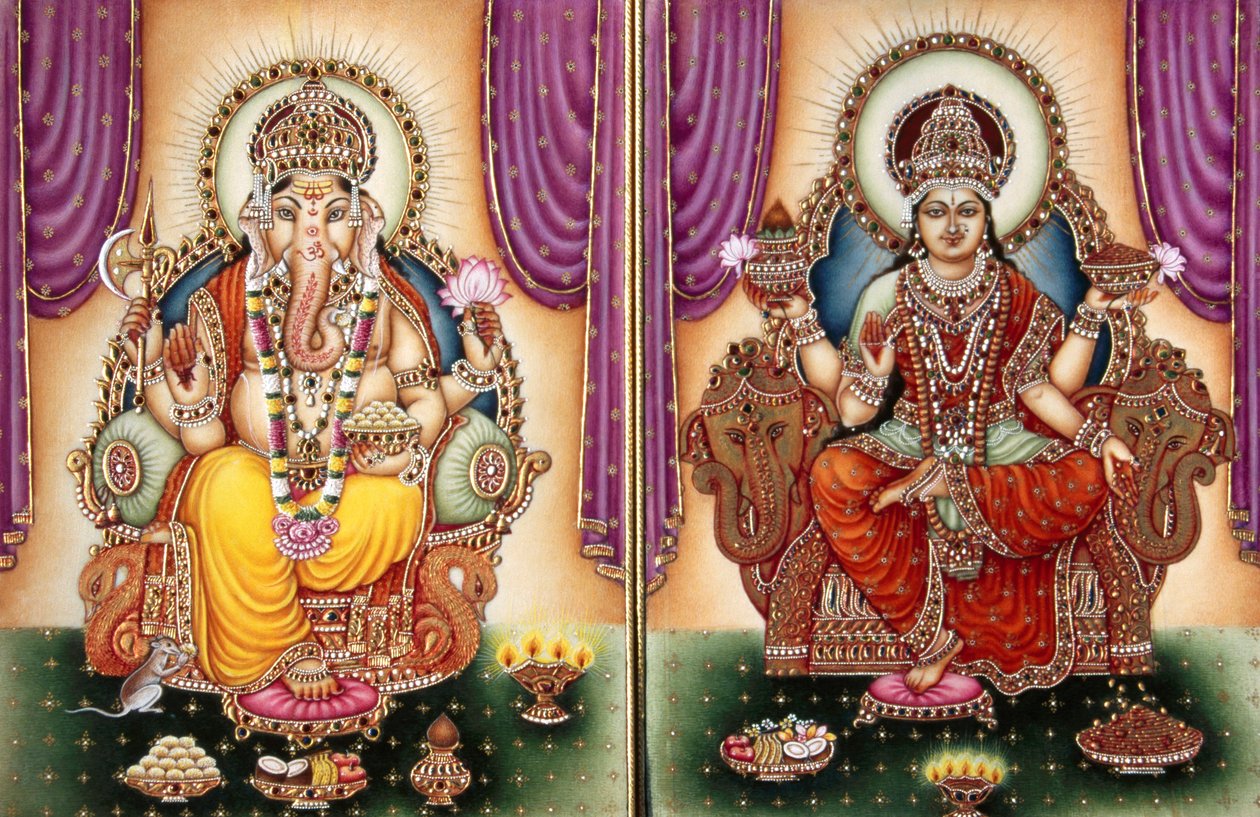Lord Ganesh Ganpati istennő és Lakshmi miniatűr festmény elefántcsontontszínűre alkotó: School Indian