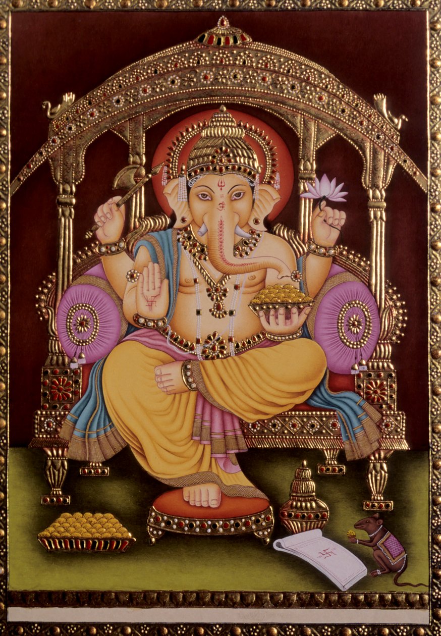 Lord Ganesh Ganpati miniatűr festmény papírra arany dombornyomással alkotó: School Indian