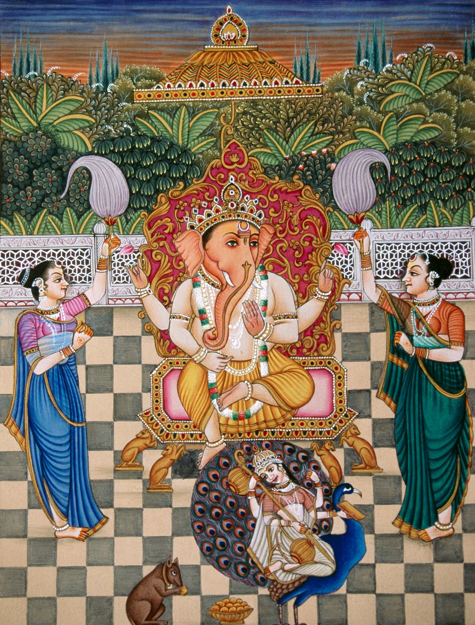 Lord Ganesh Ganpati Riddhi és Siddhi miniatűr festmény papírra alkotó: School Indian