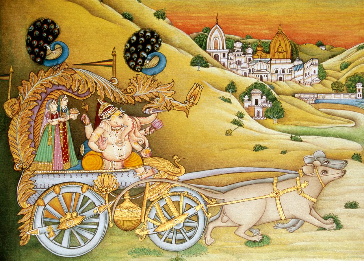 Lord Ganesh Ganpati Riddhi és Siddhi miniatűr festmény papírra alkotó: School Indian