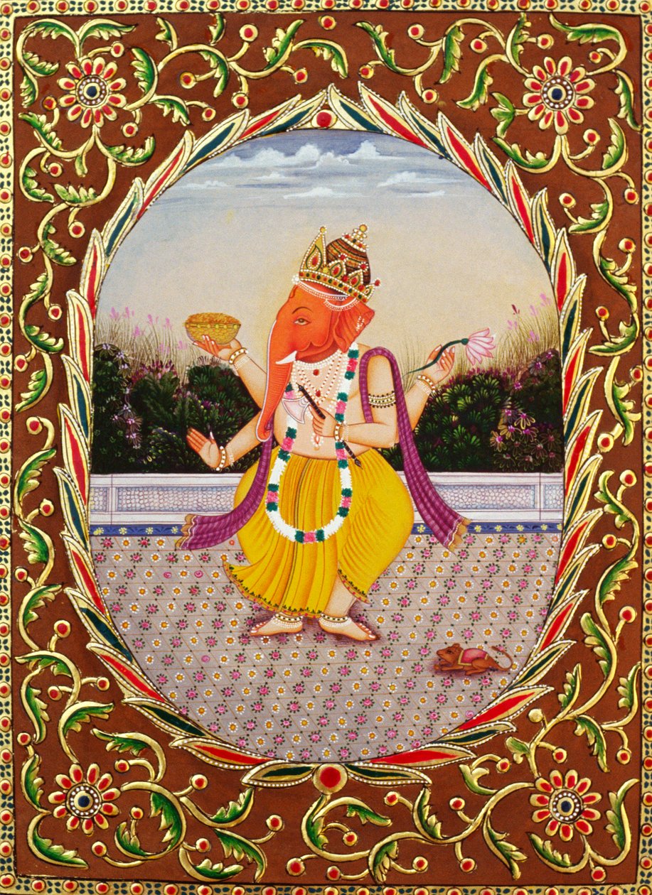Lord Ganesha Ganpati miniatűr festmény papírra hímzéssel alkotó: School Indian