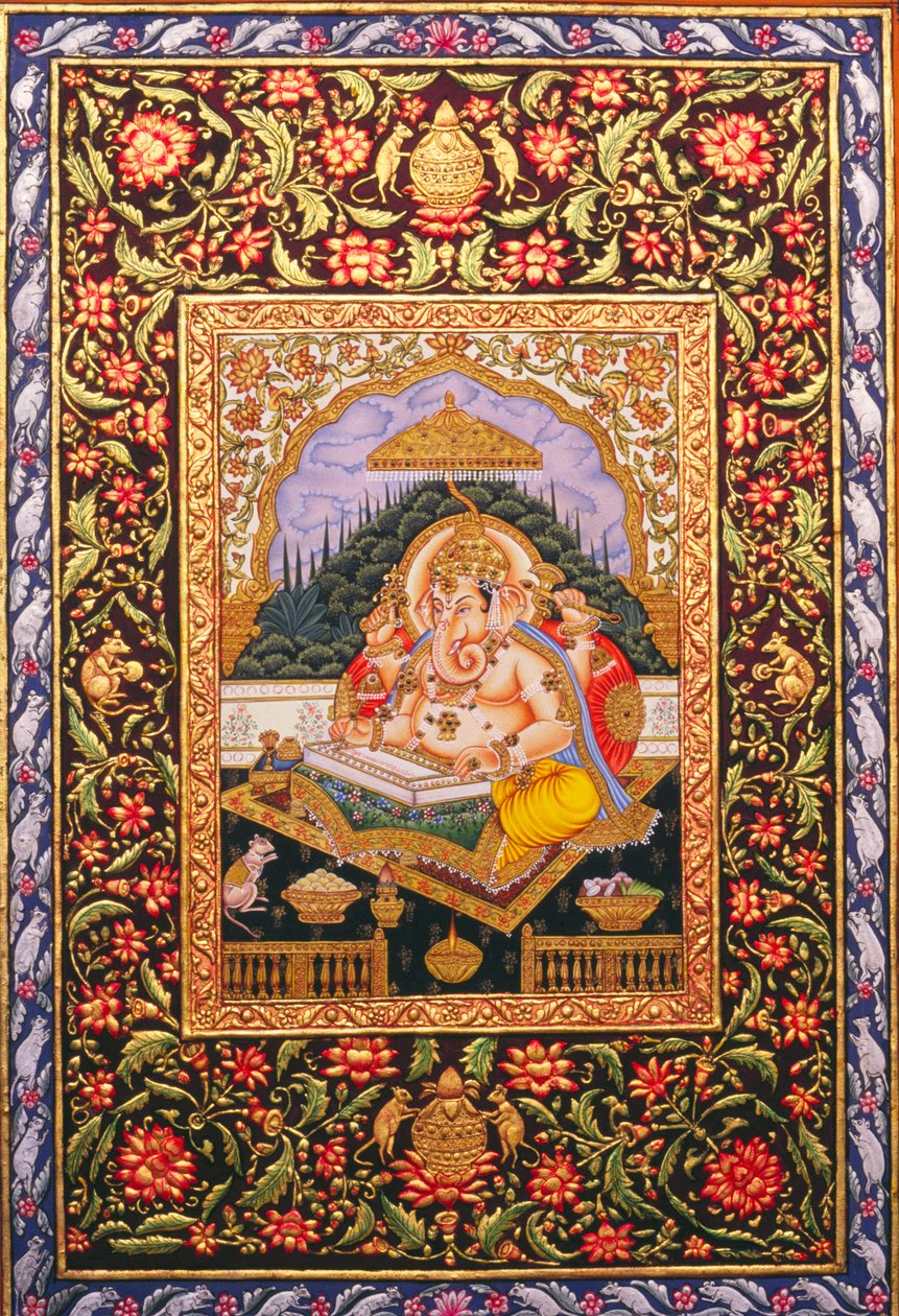 Lord Ganesha Ganpati miniatűr festmény papírra arany dombornyomással alkotó: School Indian