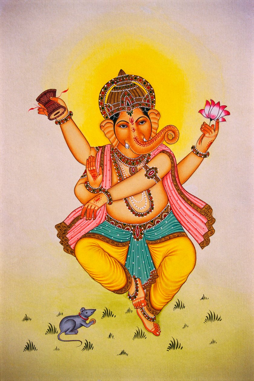 Lord Ganesha Ganpati táncos hangulatú miniatűr festmény papírra alkotó: School Indian