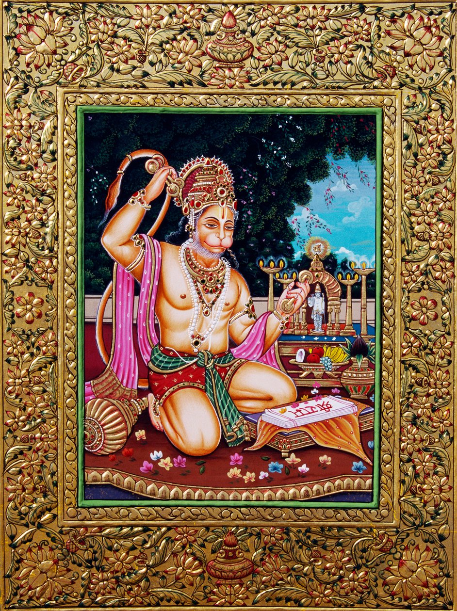 Lord Hanuman miniatűr festménypapír arany dombornyomással alkotó: School Indian