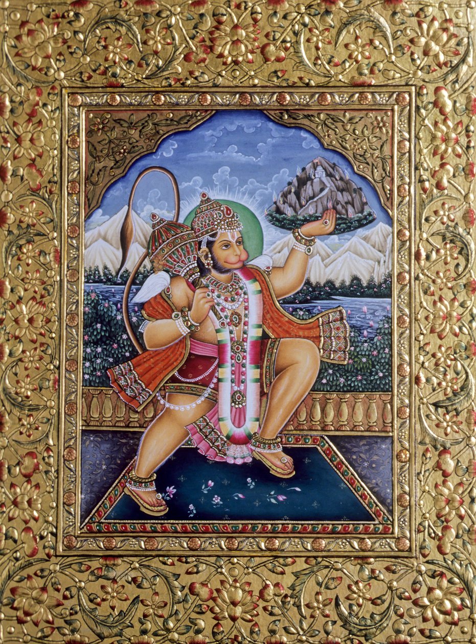 Lord Hanuman miniatűr festmény papírra arany hímzéssel alkotó: School Indian