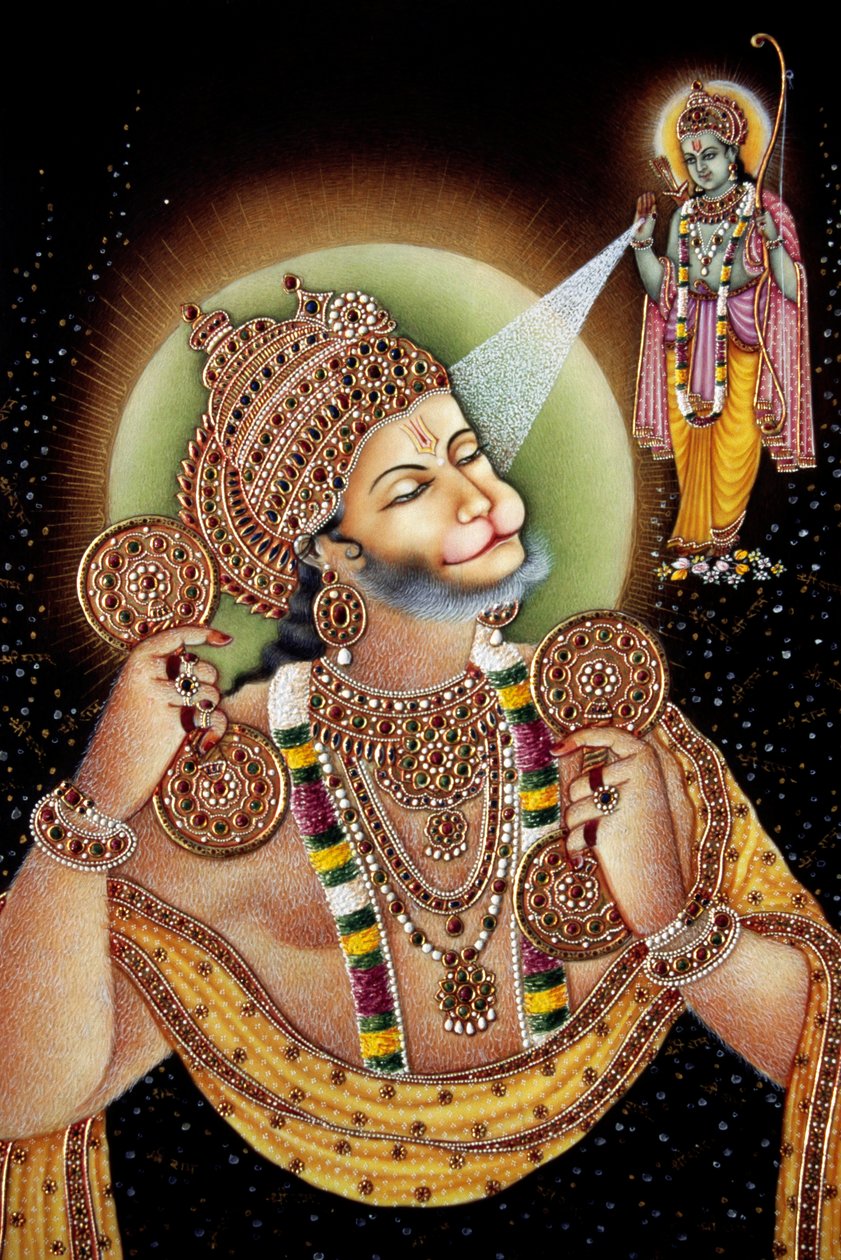 Lord Hanuman és Rama miniatűr festmény papírra alkotó: School Indian