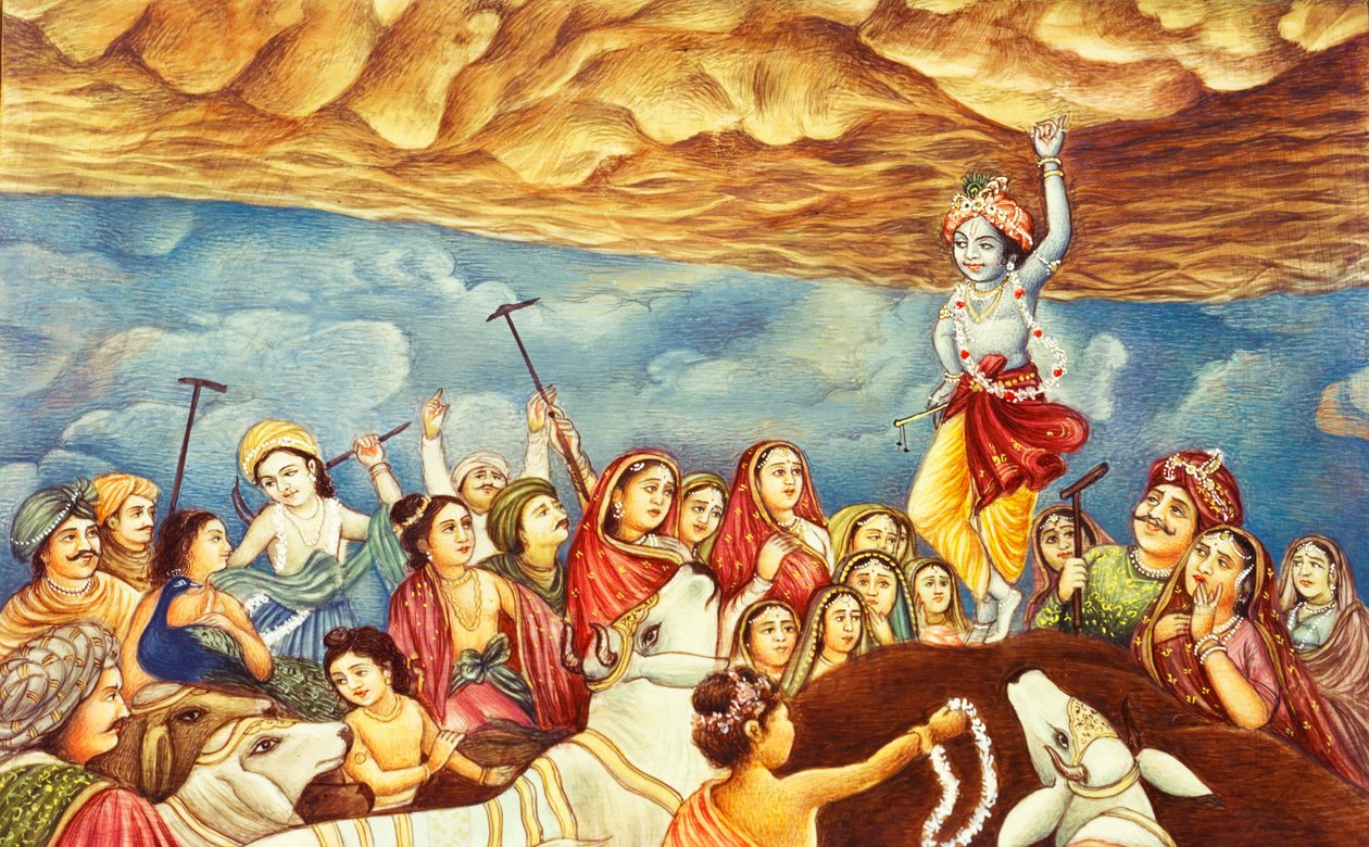 Lord Krishna emelése hegy miniatűr festmény alkotó: School Indian