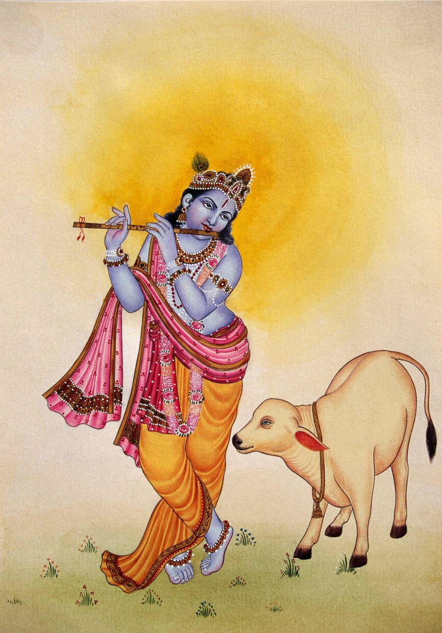 Lord Krishna miniatűr festmény papírra alkotó: School Indian