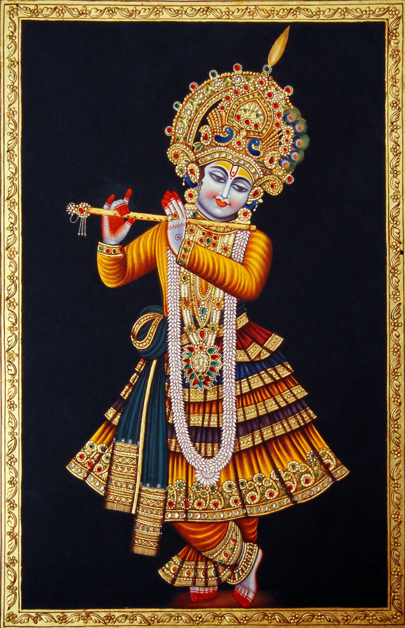 Lord Krishna játszik fuvolán miniatűr festmény papírra alkotó: School Indian