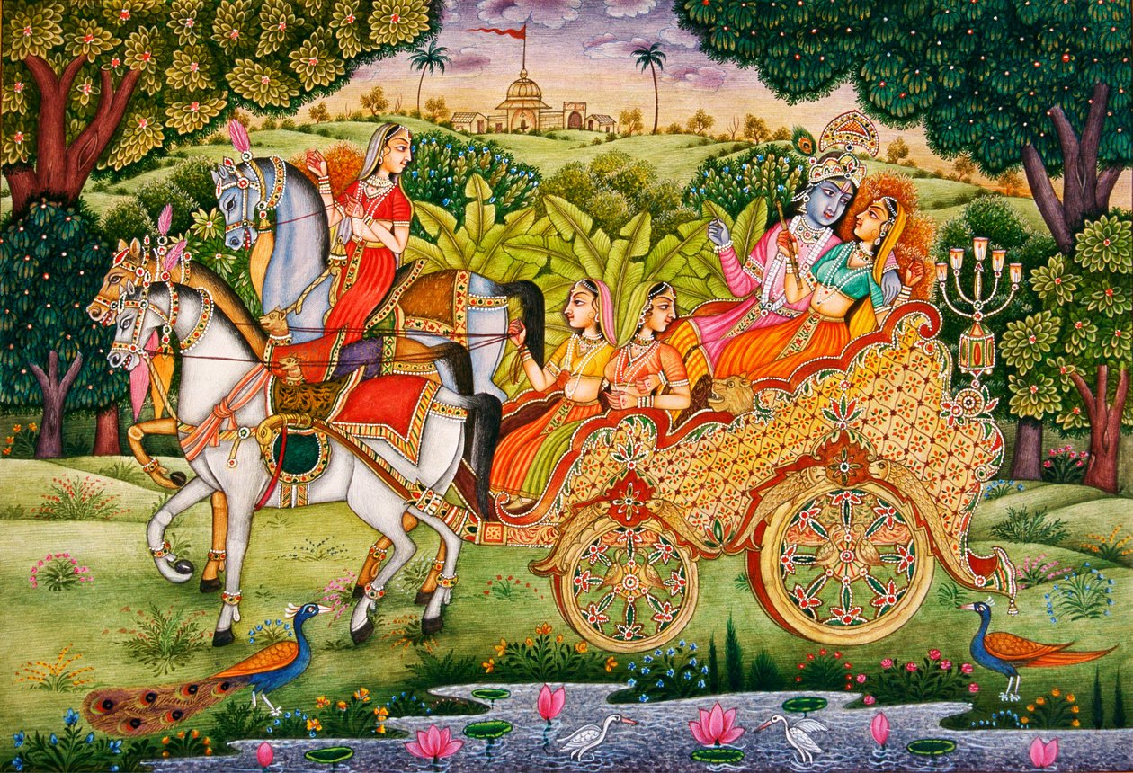 Lord Krishna és Radha miniatűr festmény papírra alkotó: School Indian