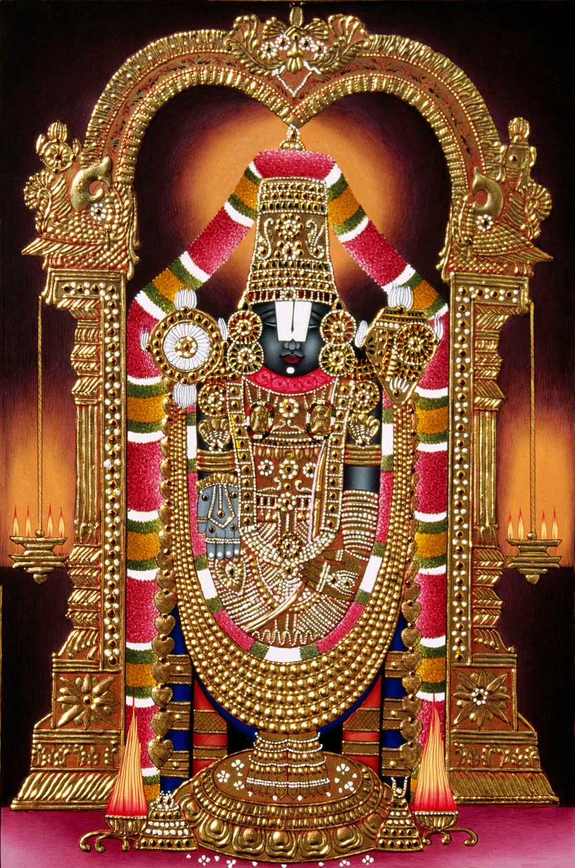 Lord Thirupati Balaji miniatűr festmény papírra arany dombornyomással alkotó: School Indian