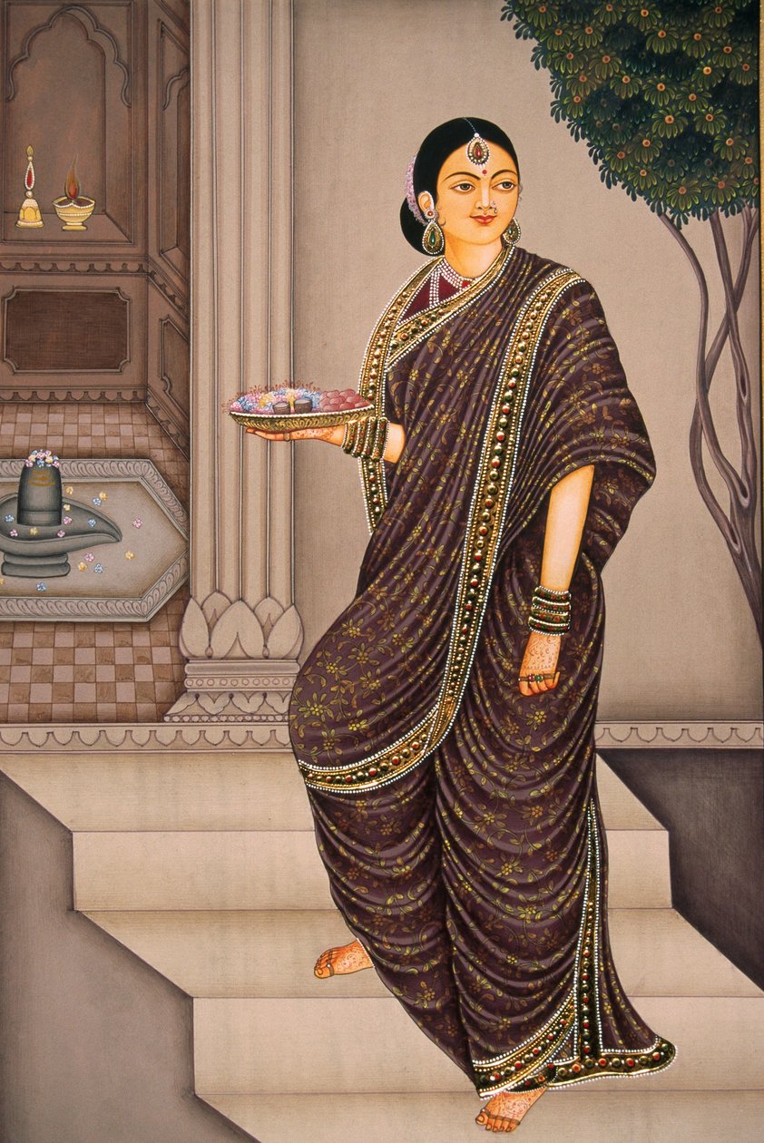 Marathi Lady megy a templomba miniatűr festmény papírra alkotó: School Indian