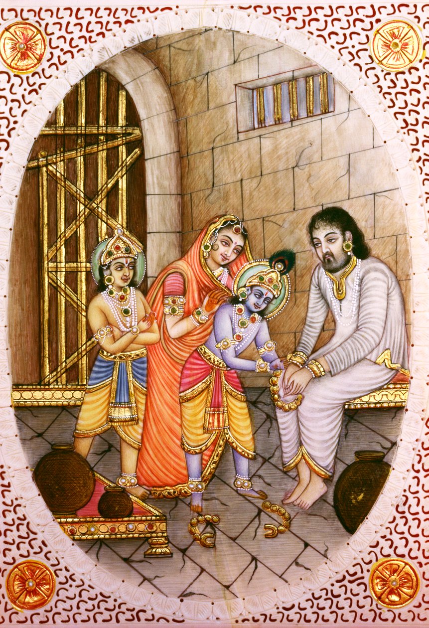 Krishna Balram és Devaki Vasudeva miniatűr elefántcsont festménye alkotó: School Indian