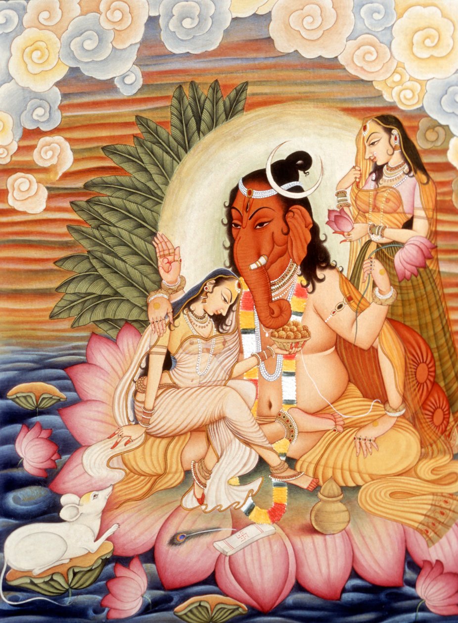 Miniatűr festmény Elefánt fejű Isten Ganesh Ganpati alkotó: School Indian