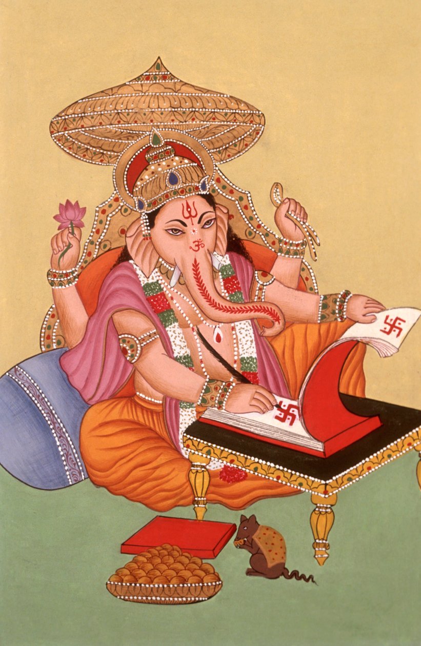 Miniatűr festmény Elefántfejű Isten Ganesh Ganpati, India alkotó: School Indian