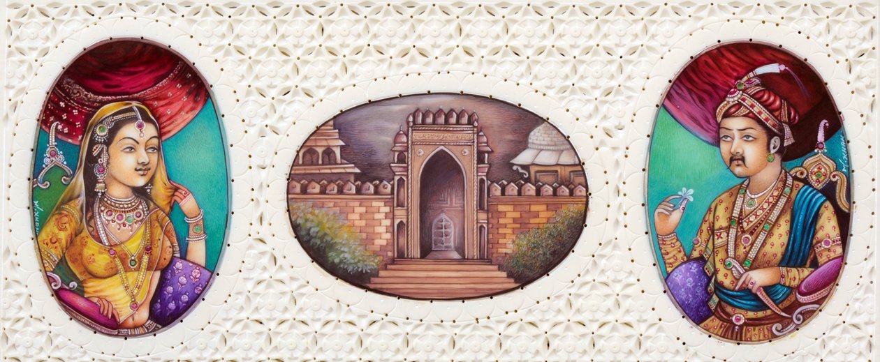 Akbar mogul császár és felesége, Jodha Bai miniatűr festménye alkotó: School Indian