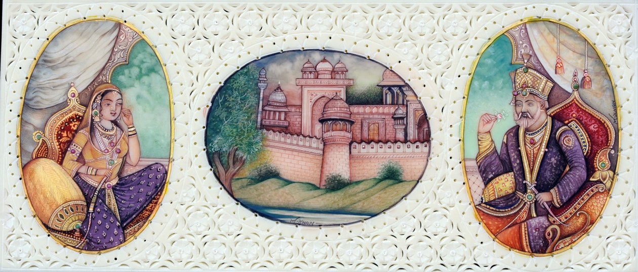 Bahadur Shah Zafar mogul császár és felesége, Zeenat Mahal miniatűr festménye alkotó: School Indian