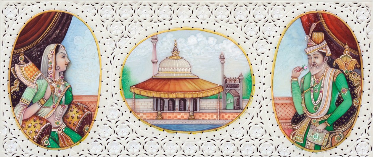 Miniatűr festmény Humayun mogul császárról és feleségéről, Jhanvi-ról alkotó: School Indian