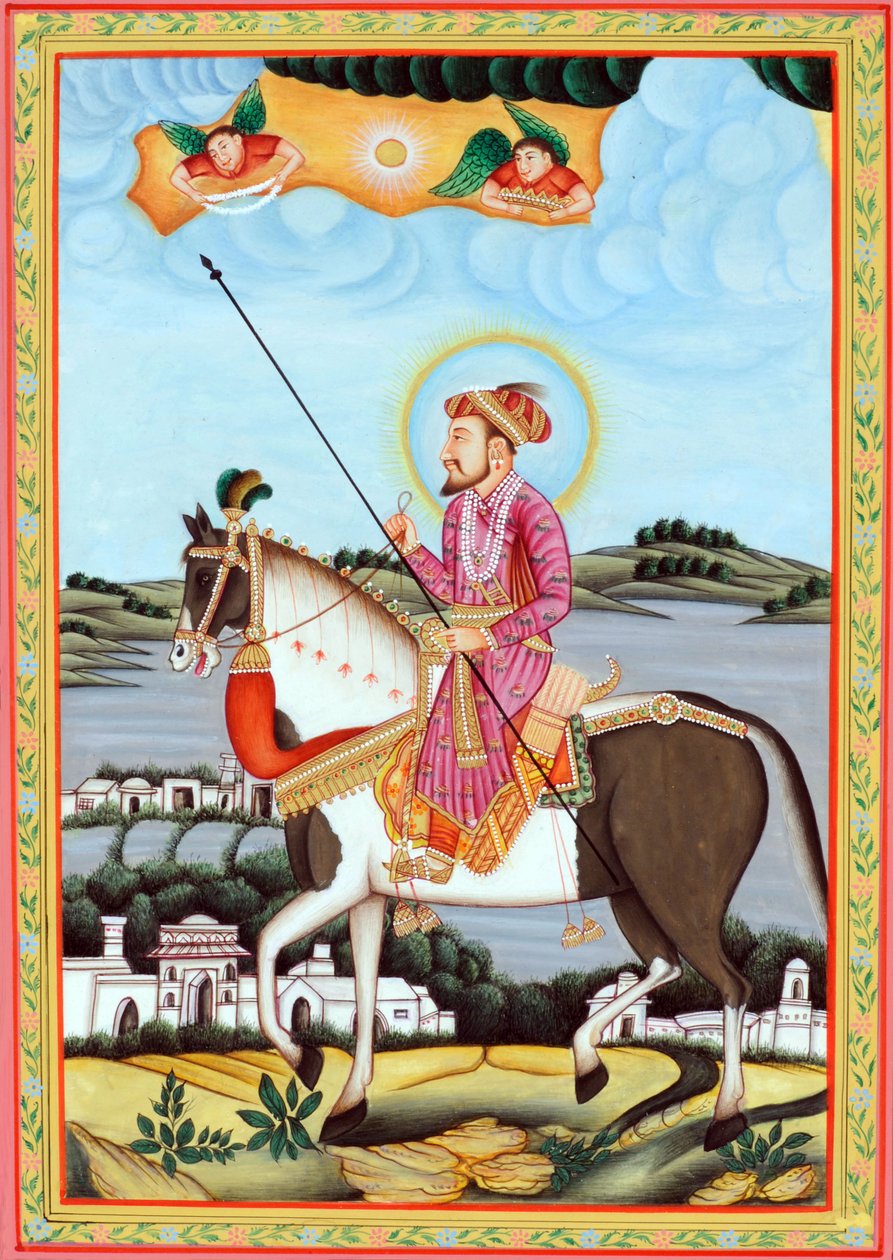 Miniatűr festmény Shah Jahan mogul császárról, aki lovon ül alkotó: School Indian