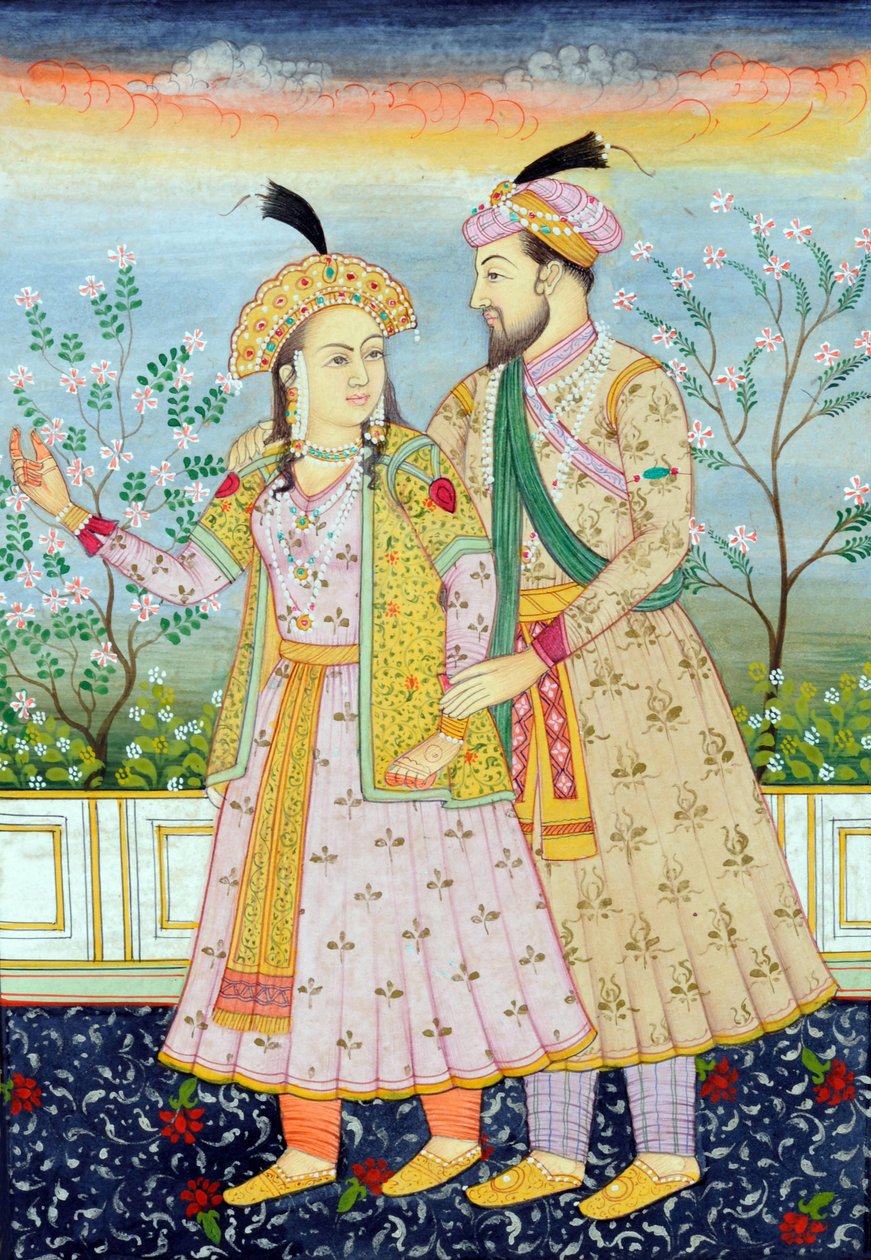 Miniatűr festmény Shah Jahan mogul császárról és feleségéről, Mumtaz Mahalról alkotó: School Indian