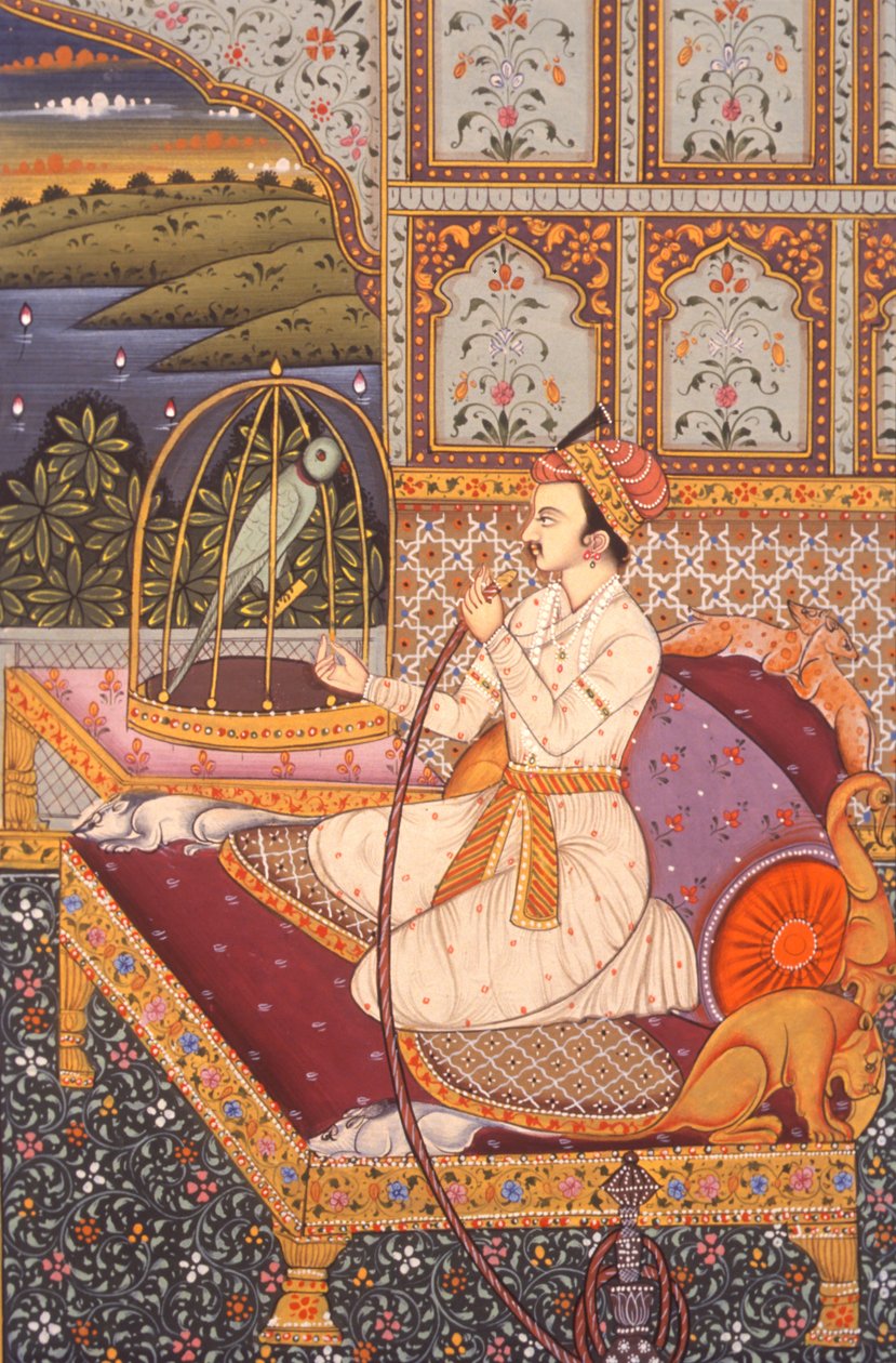 Miniatűr festmény a Hooka-t élvező mogul hercegről, India alkotó: School Indian