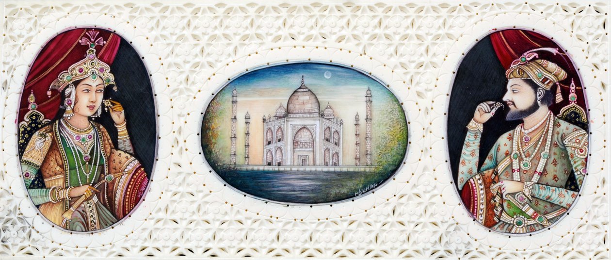 Miniatűr festmény Shah Jahan mogul császárról és feleségéről, Mumtaj Mahalról alkotó: School Indian