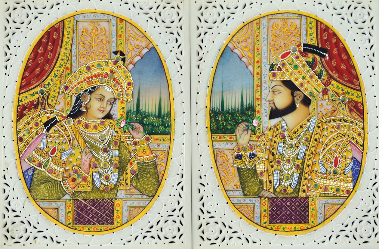 Miniatűr festmény Shah Jahan feleségével Mumtaj Mahal India Ázsia Ázsia alkotó: School Indian