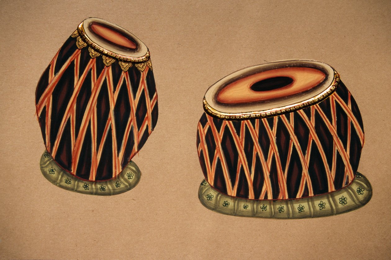 Miniatűr festmény papírra, indiai klasszikus zenei hangszer Tabla alkotó: School Indian