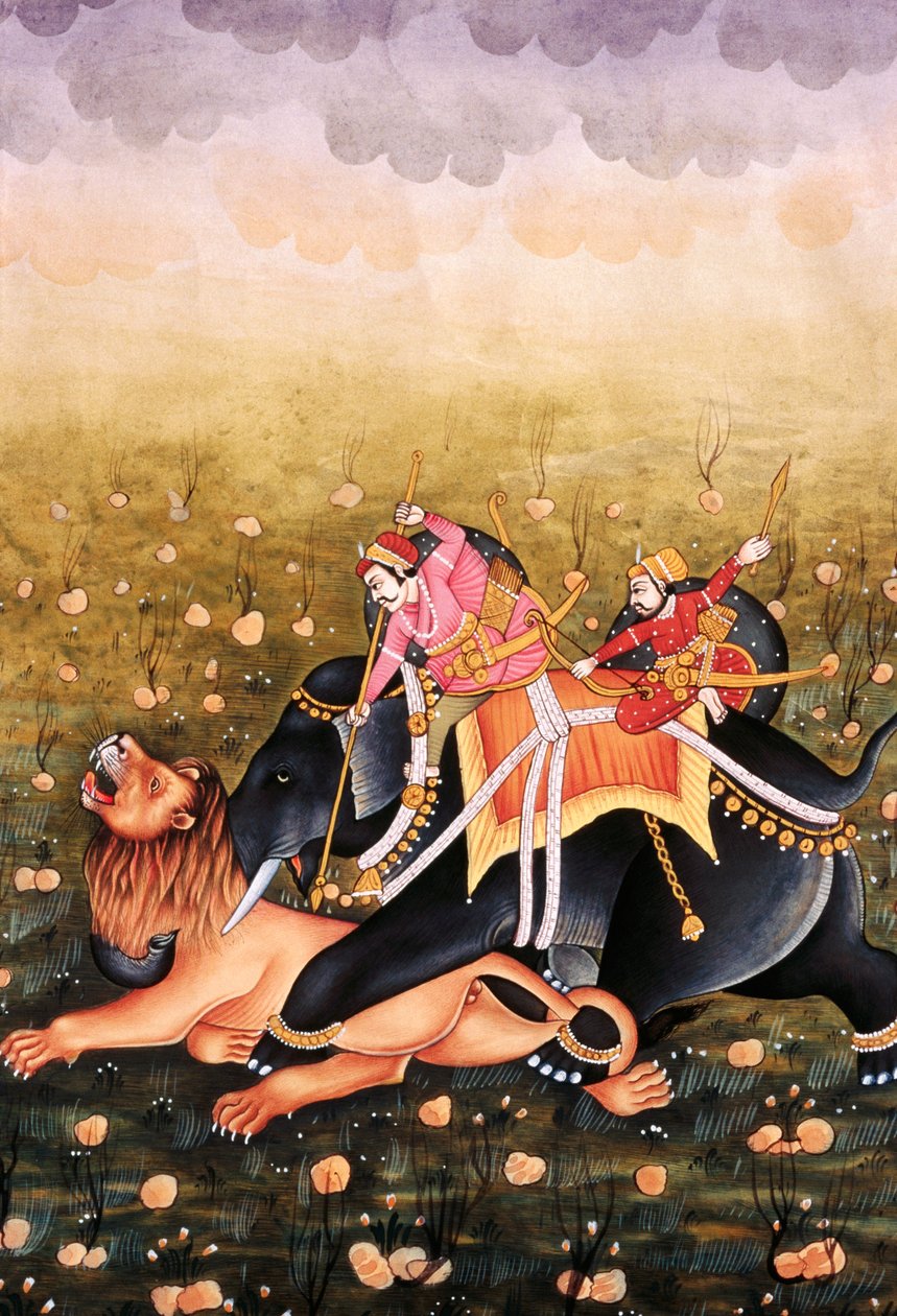 Miniatűr festmény papírra, Mughal király vadászat alkotó: School Indian