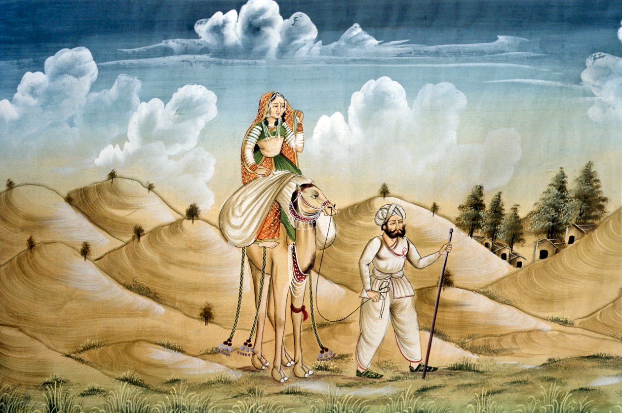 Miniatűr festmény selyem, Lonely Travellers, Rajasthan alkotó: School Indian