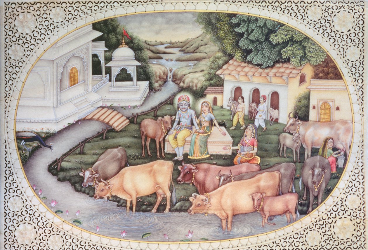 Krisna miniatűrje, egy tejeslány ül egy mezőn szarvasmarhákkal (akvarell, elefántcsont) alkotó: School Indian