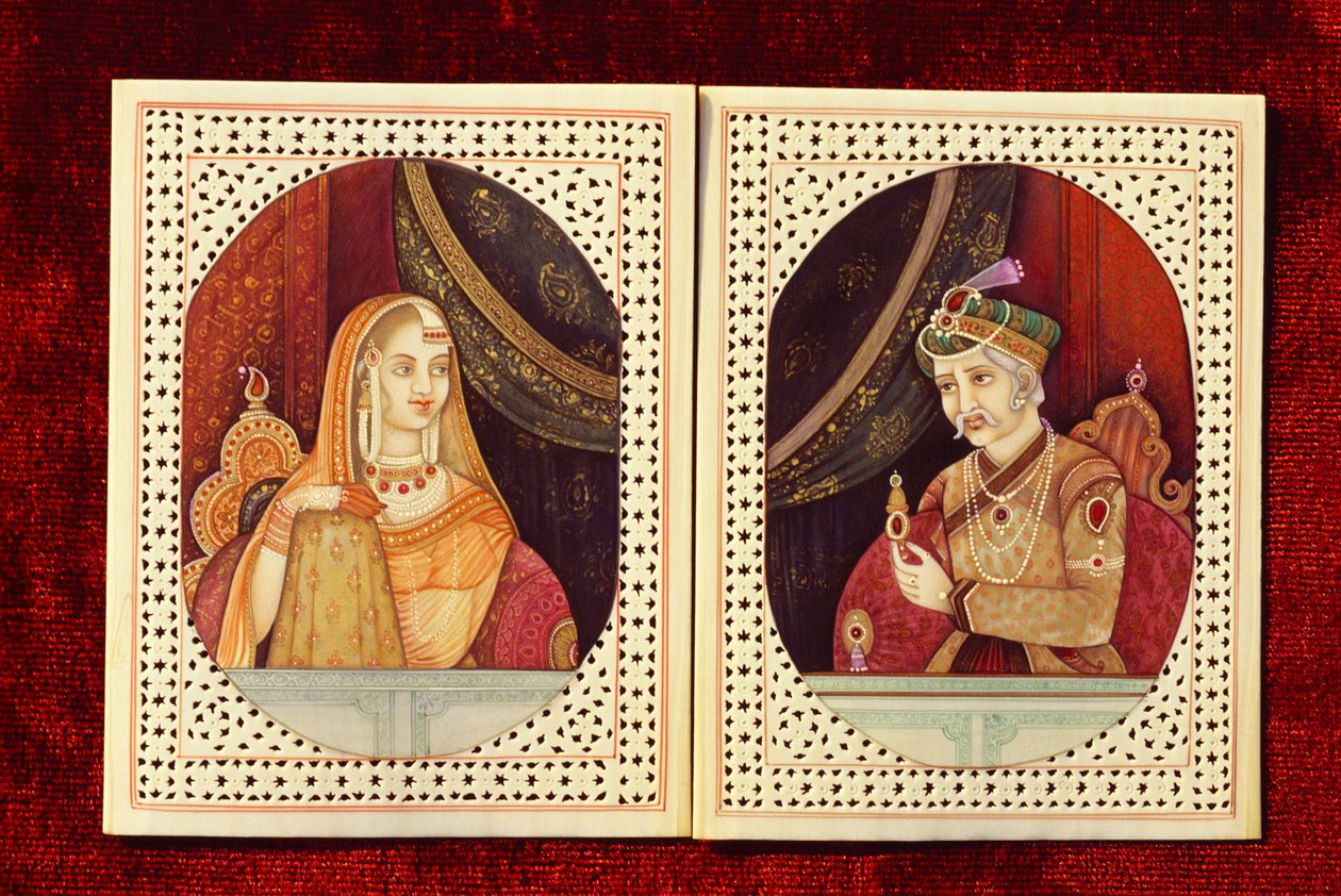 Akbar mogul császár és Jodhabai elefántcsont festménye alkotó: School Indian