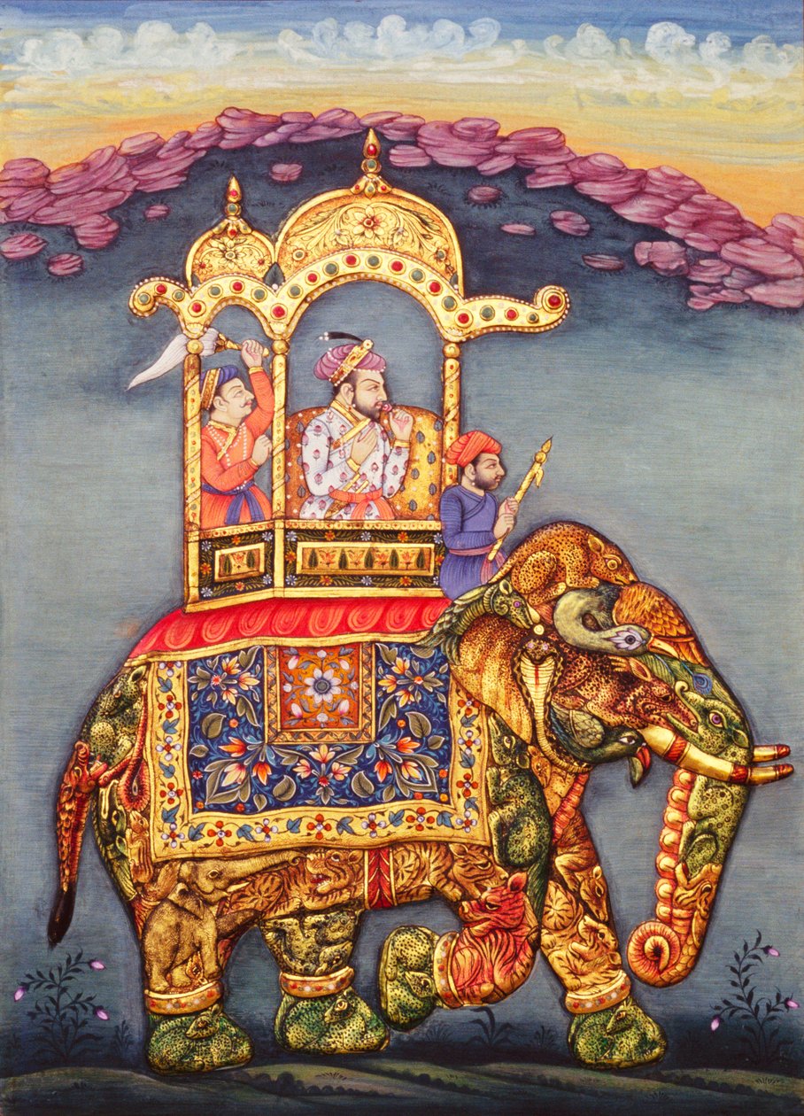 Shah Jahan mogul király elefánton lovagolva alkotó: School Indian