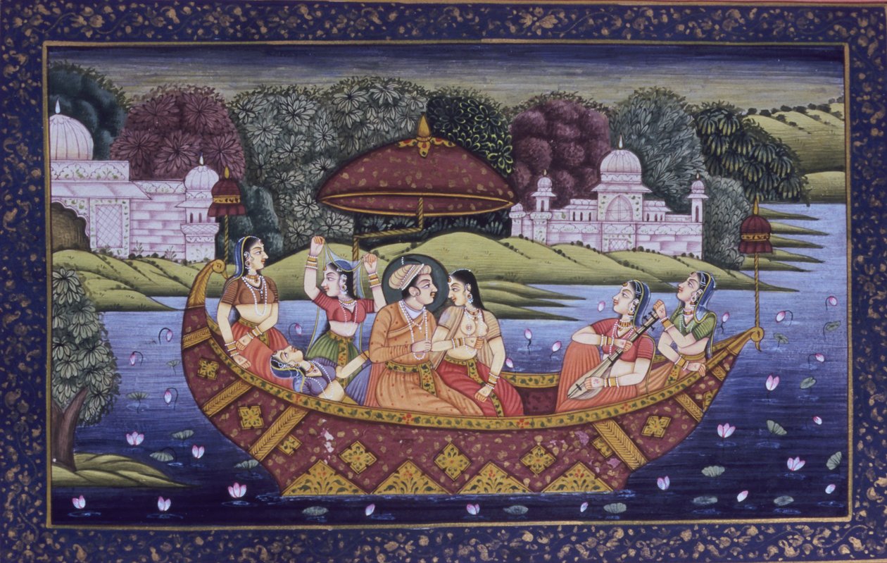 Mughal miniatűr festmény papírra, király szerelmi jelenet és élvezve a zenét a csónakban alkotó: School Indian