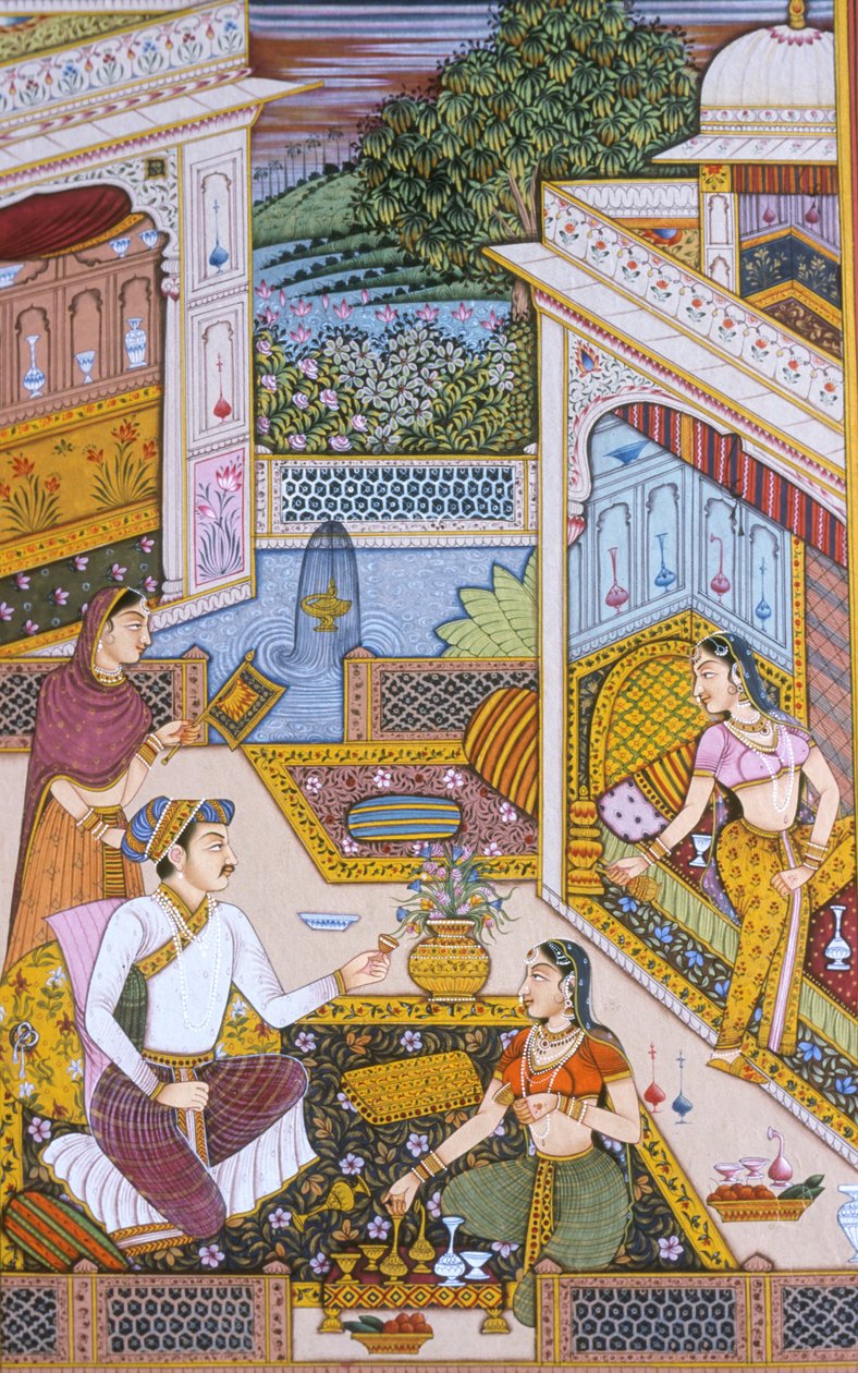 Mughal miniatűr festmény papírra Royal King élvezve italát alkotó: School Indian