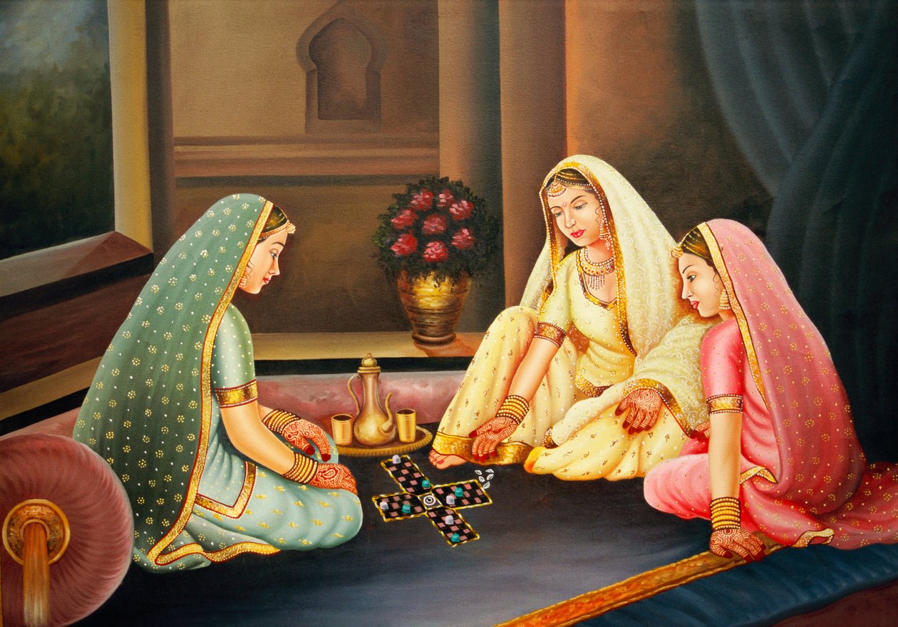 Olajfestmény vászonra Nők játszanak Chopad Game alkotó: School Indian