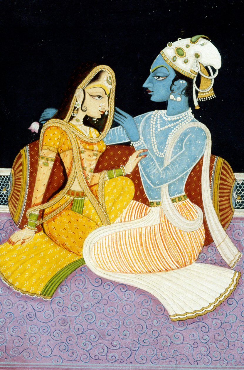 Festmény Krishna Istenről és legnagyobb bhaktájáról, Radha, India alkotó: School Indian