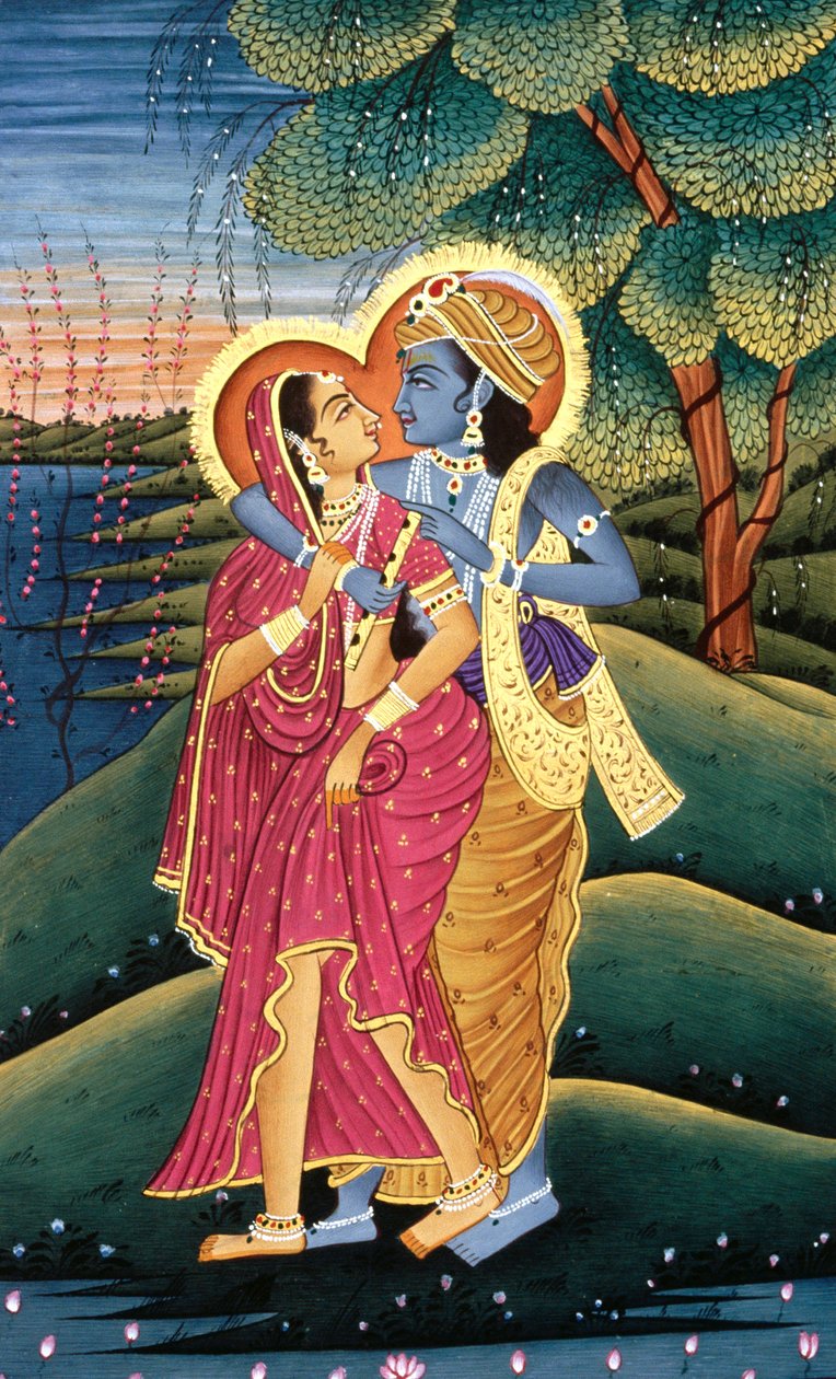 Festmény Krishna Istenről és legnagyobb bhaktájáról, Radha, India alkotó: School Indian