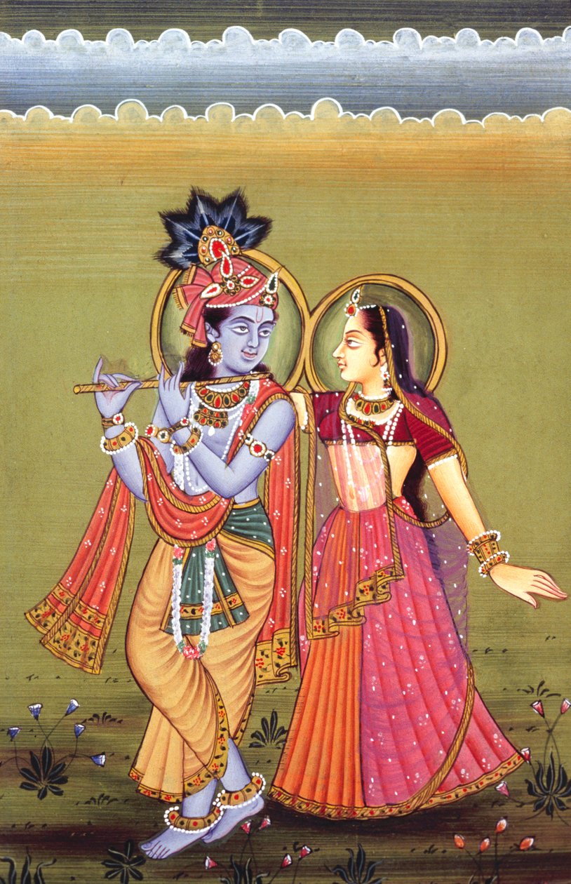 Festmény Krishna Istenről és legnagyobb bhaktájáról, Radha, India alkotó: School Indian