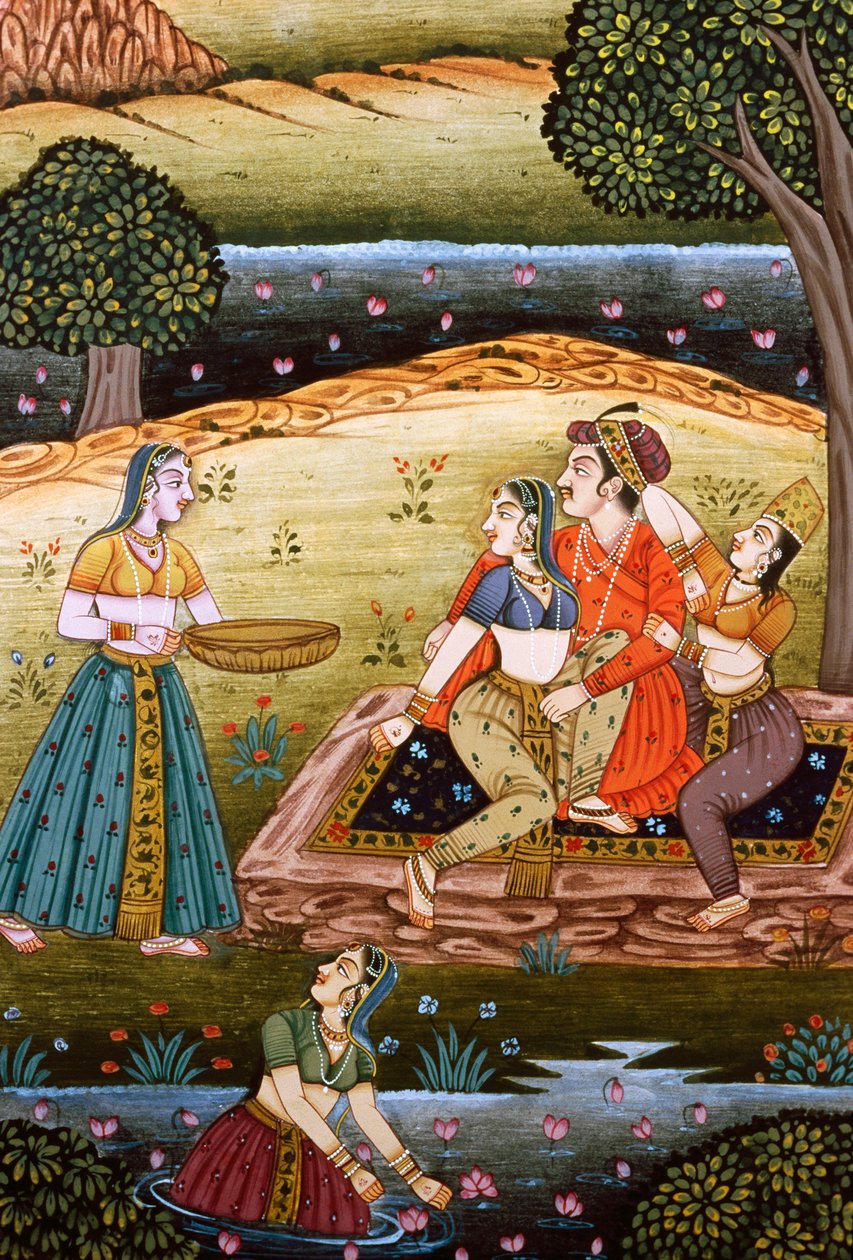 Festmény a mogul császárról és feleségeiről szerelmi jelenetben, India alkotó: School Indian
