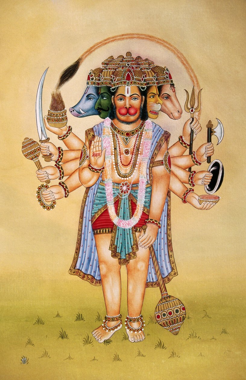 Panchmukhi Lord Hanuman miniatűr festmény papírra alkotó: School Indian