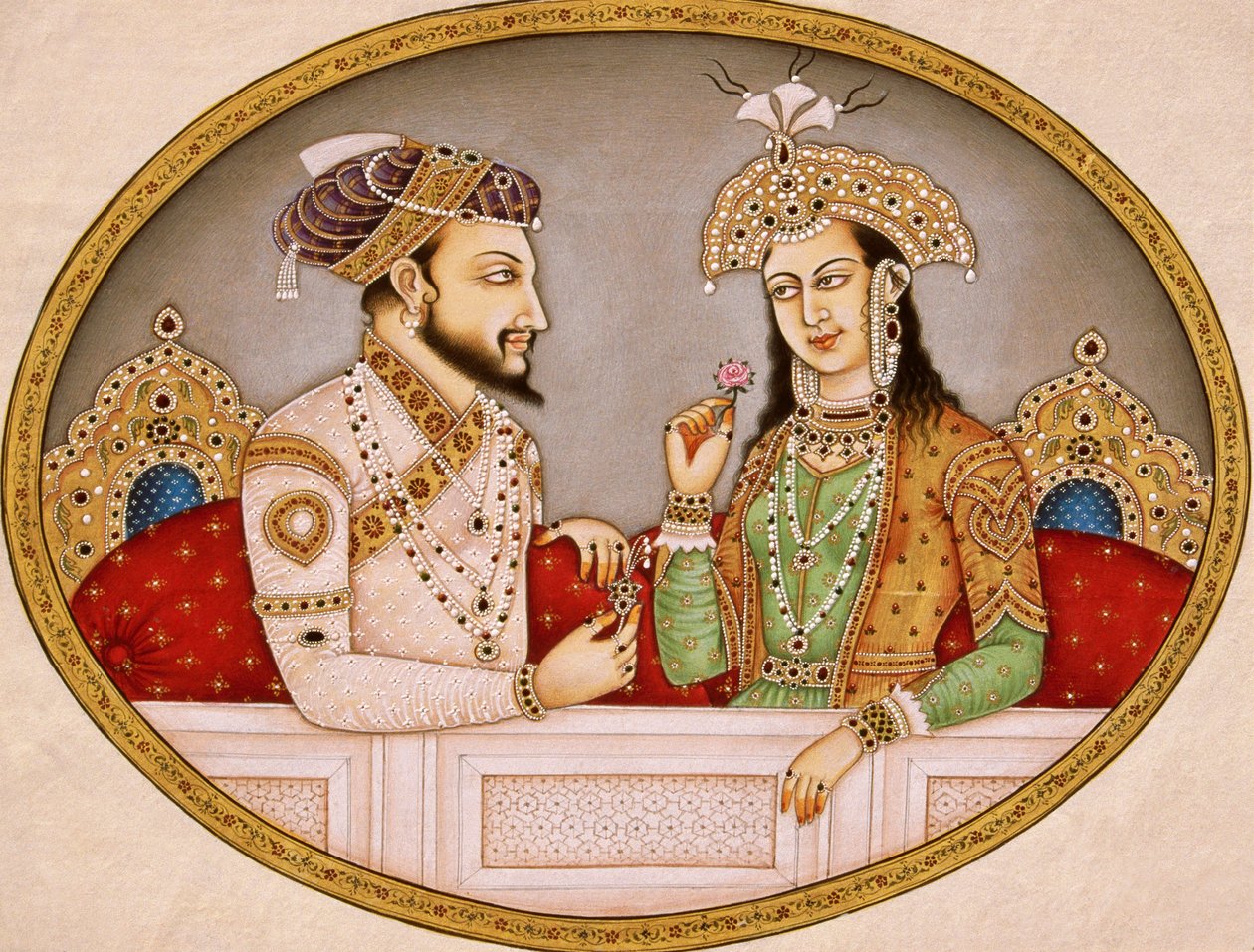 Shahjahan mogul császár portréja Mumtaz Mahal királynővel, India alkotó: School Indian