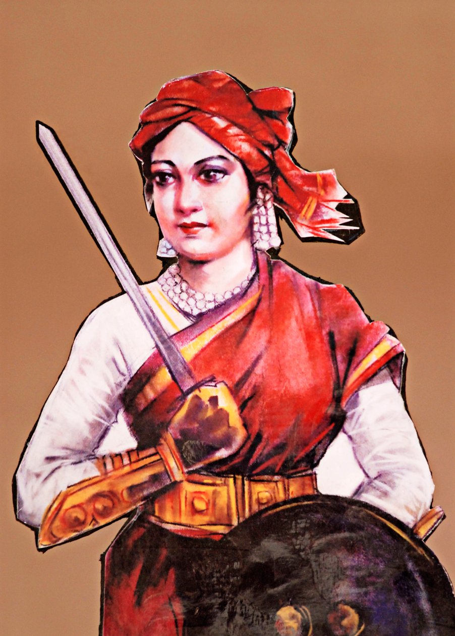 Rani Laxmibai Dzsanszi királynőjének portréja India első függetlenségi háborújának nagy szabadságharcosa Indiai lázadás 1857-58 (színes litográfia) alkotó: School Indian