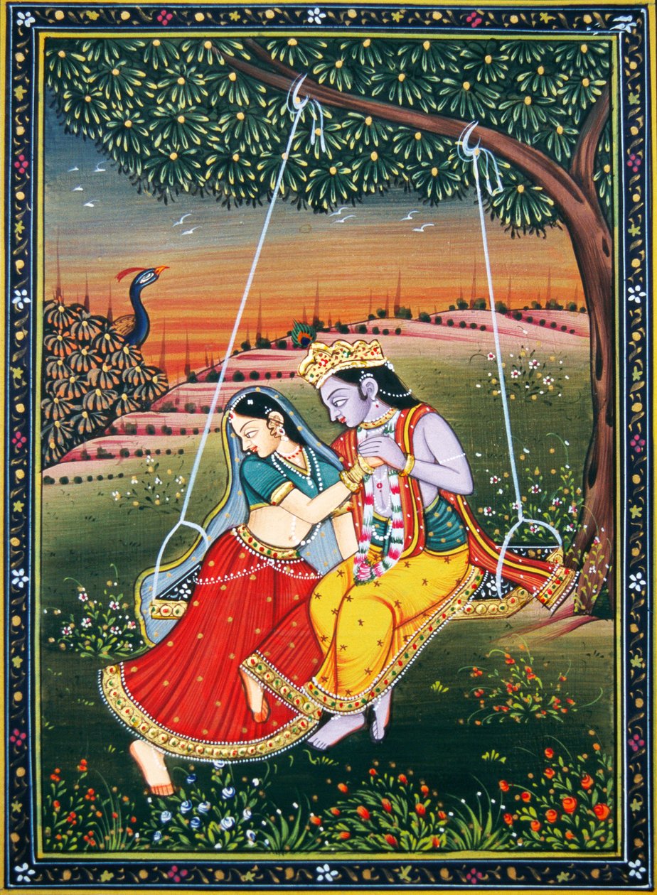 Radha Krishna élvezi Jhoola miniatűr festmény papírra alkotó: School Indian