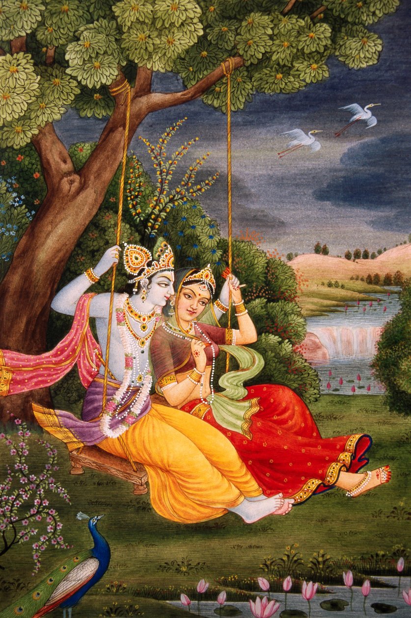 Radha Krishna élvezi Jhoola miniatűr festmény papírra alkotó: School Indian