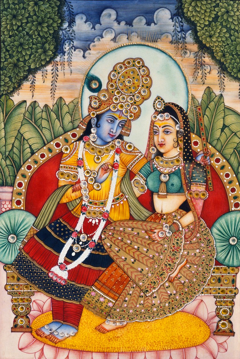 Radha Krishna miniatűr festmény elefántcsontra alkotó: School Indian