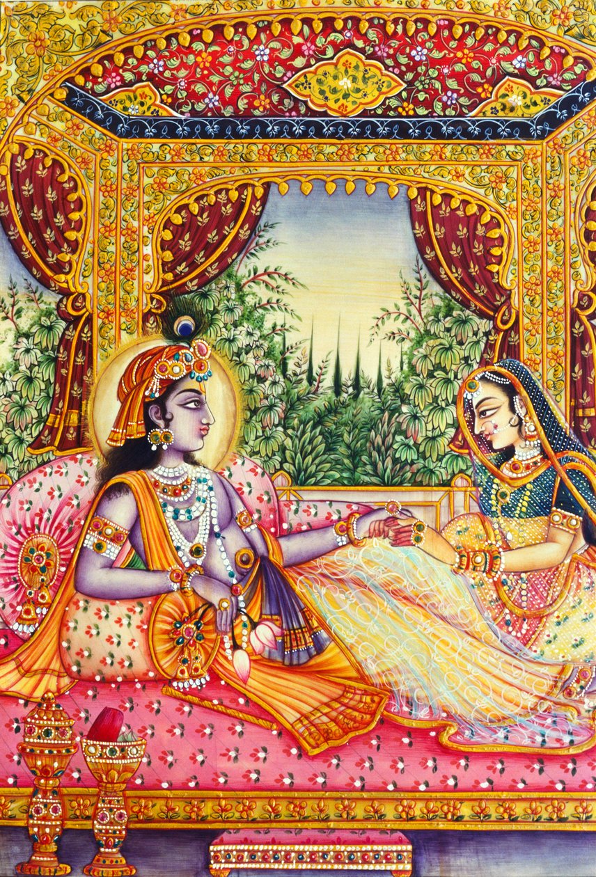 Radha Krishna miniatűr festmény elefántcsontra alkotó: School Indian