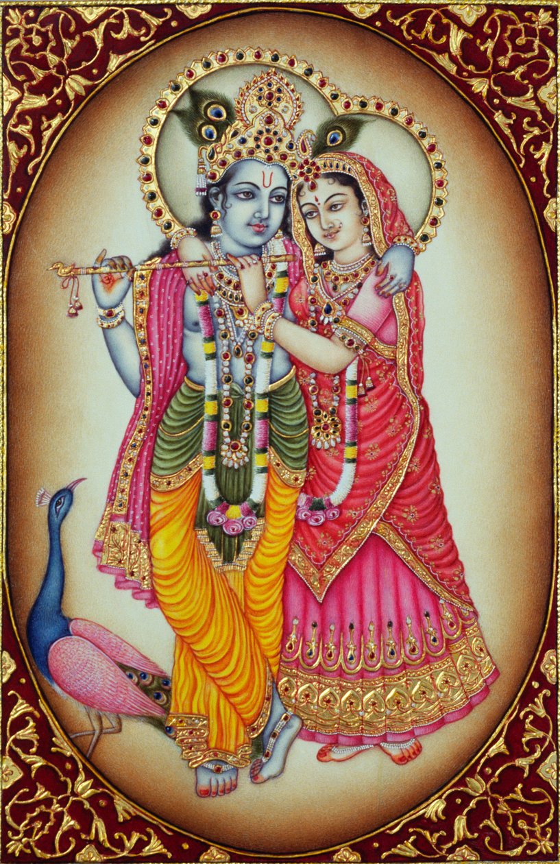 Radha Krishna miniatűr festmény elefántcsontra alkotó: School Indian