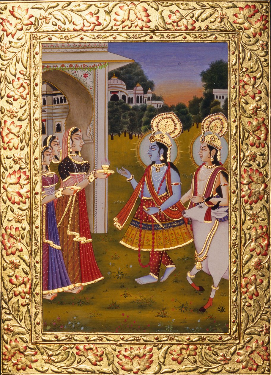 Radha Krishna miniatűr festmény papírra arany dombornyomással alkotó: School Indian